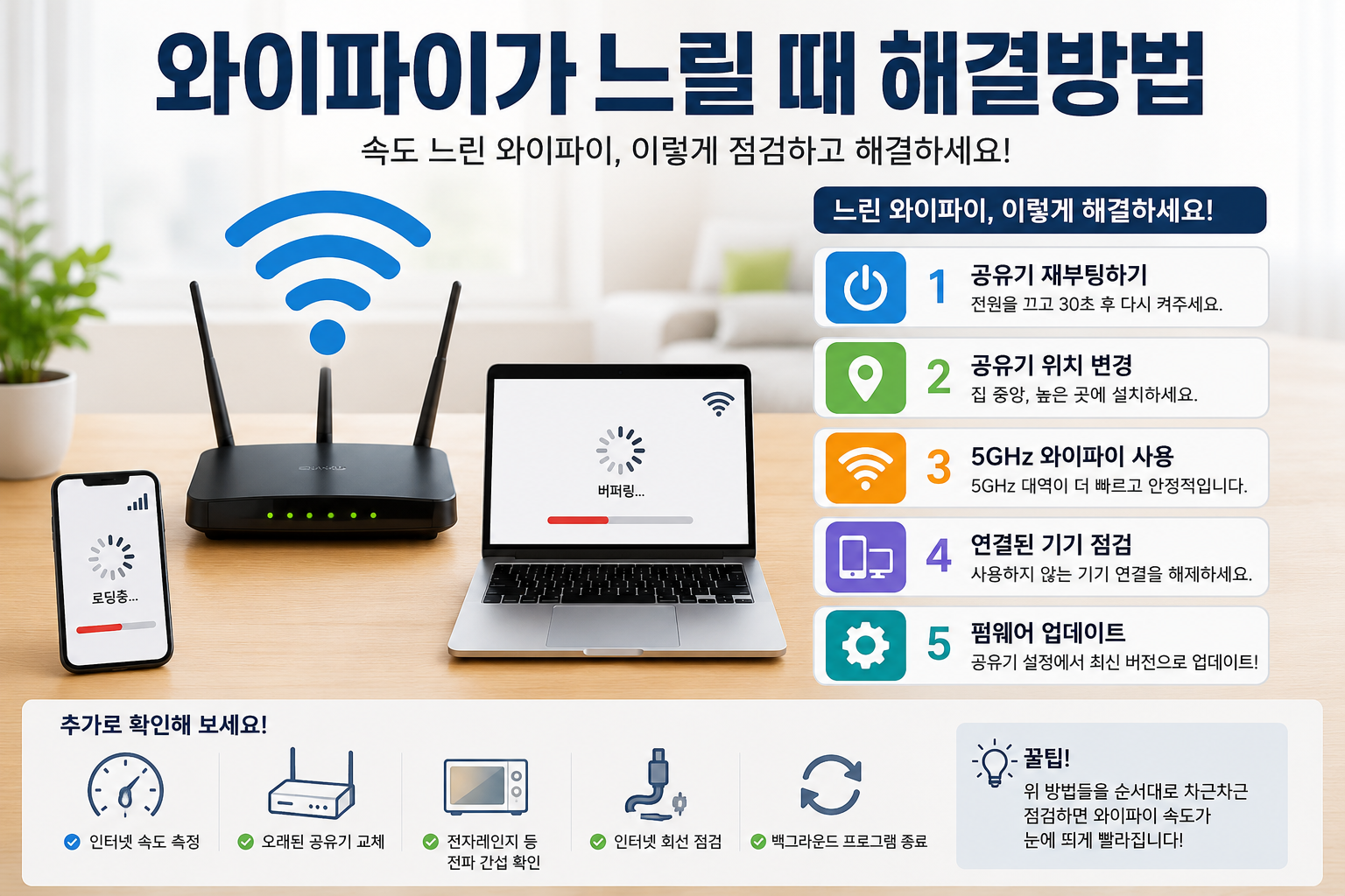 ▲ 와이파이가 느릴 때 공유기 재부팅, 위치 변경, 5GHz 설정 등으로 인터넷 속도를 개선하는 방법을 정리한 인포그래픽입니다.